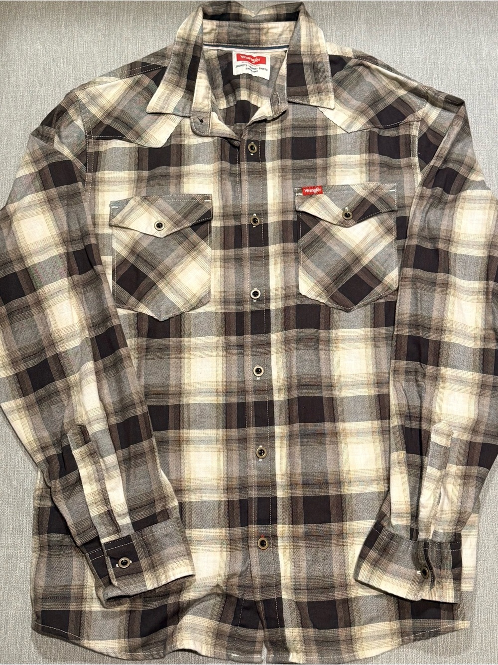 Wrangler Men's Brown and Cream Plaid Button-Down Shirt